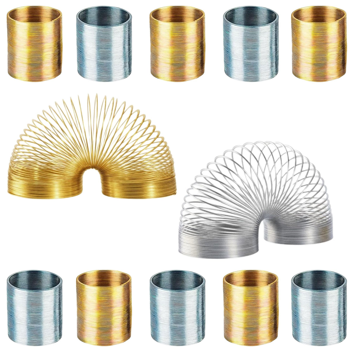 ArtCreativity mini slinky 12-pack in silver and gold, perfect party favors and stocking stuffers.