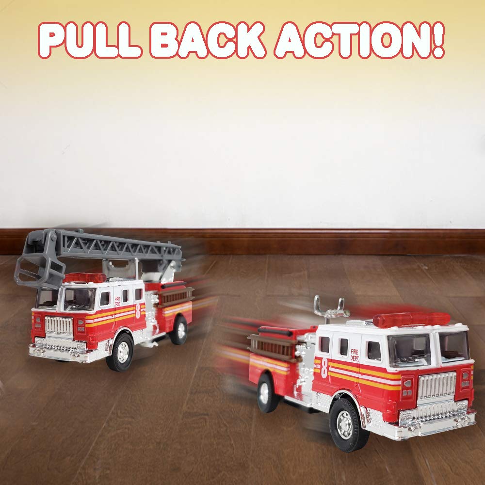 ArtCreativity pull-back fire trucks require no batteries; easy, quick fun.