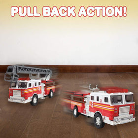 ArtCreativity pull-back fire trucks require no batteries; easy, quick fun.