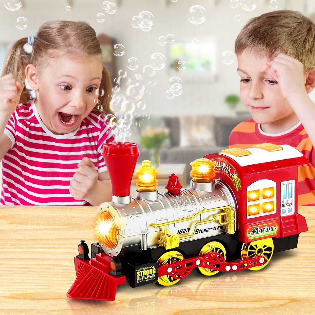 ArtCreativity bump-n-go train action navigates obstacles during play.