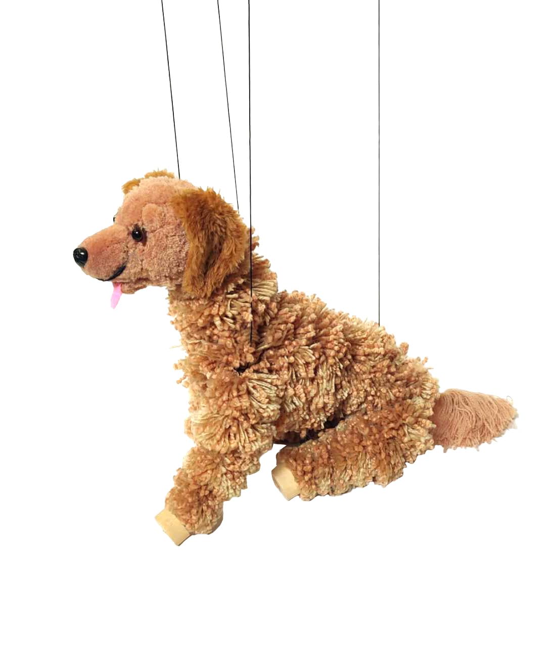 Artisan Owl marionette shows wooden feet for realistic, sturdy puppet action.