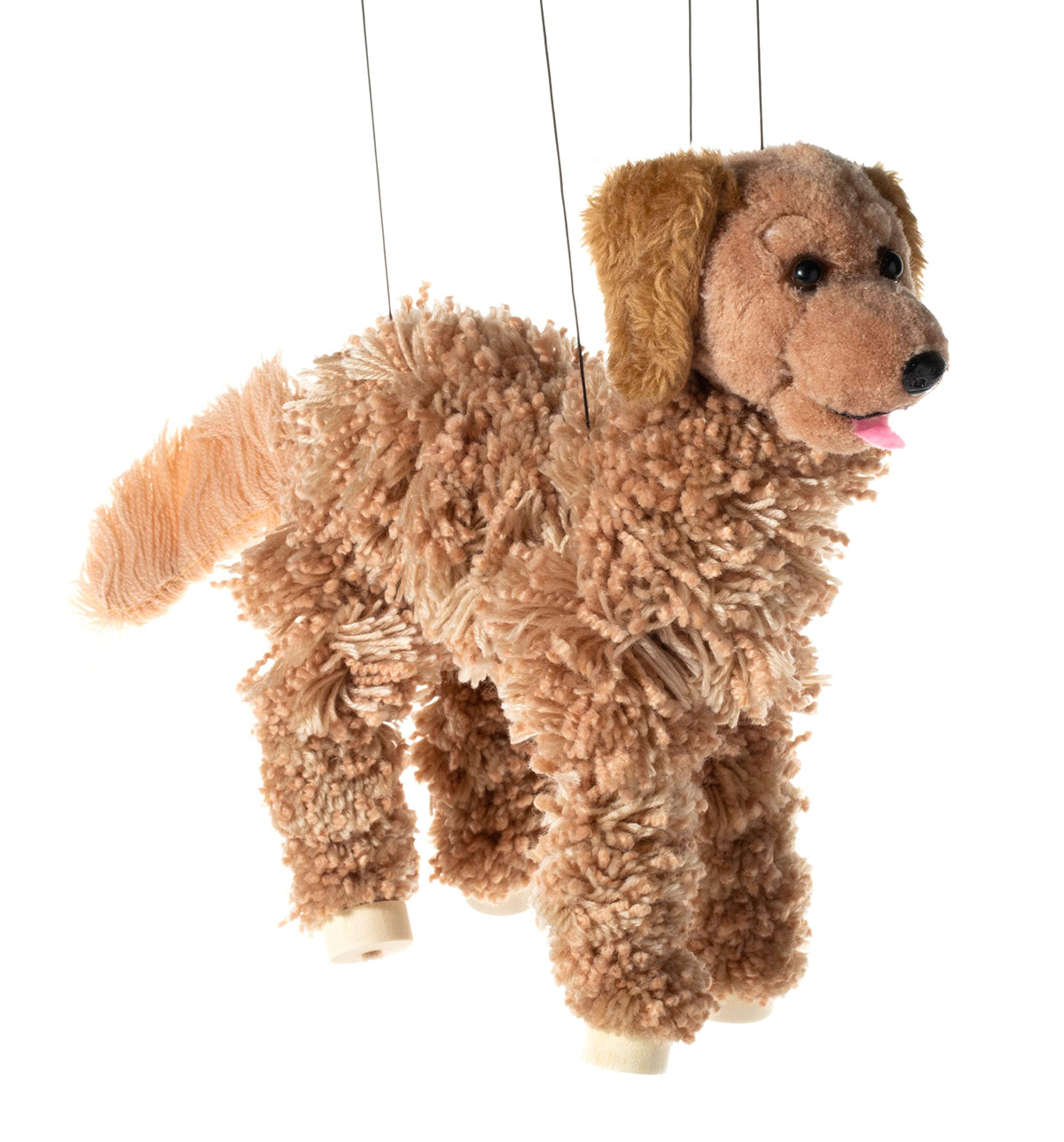 Artisan Owl Golden Retriever marionette with soft yarn body for creative storytelling.