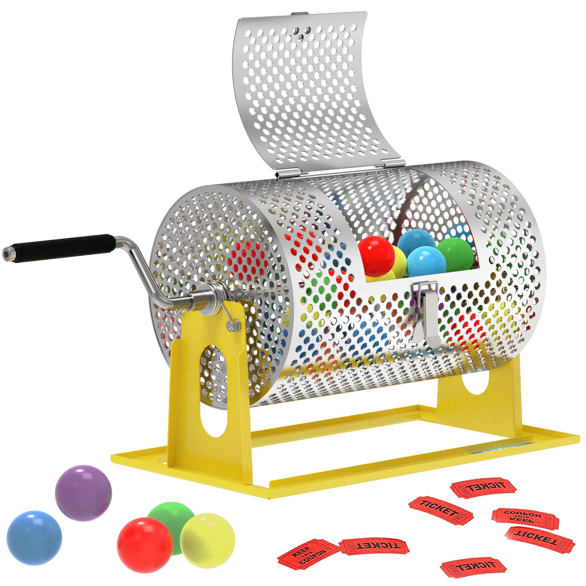 Artispin raffle drum with bright yellow front view showing its bold design and capacity