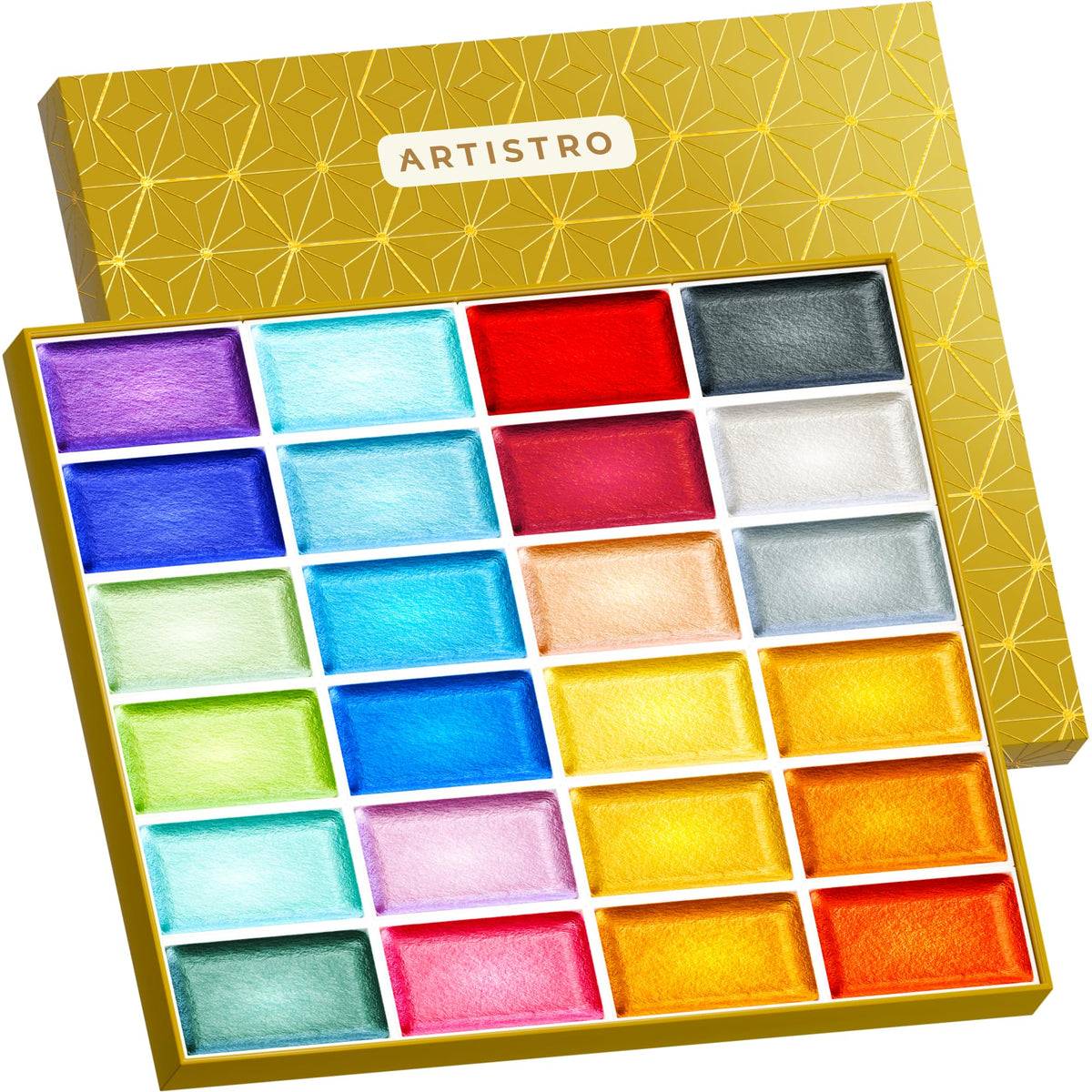 ARTISTRO metallic watercolor pigments close-up showing rich, vibrant shine for eye-catching art.