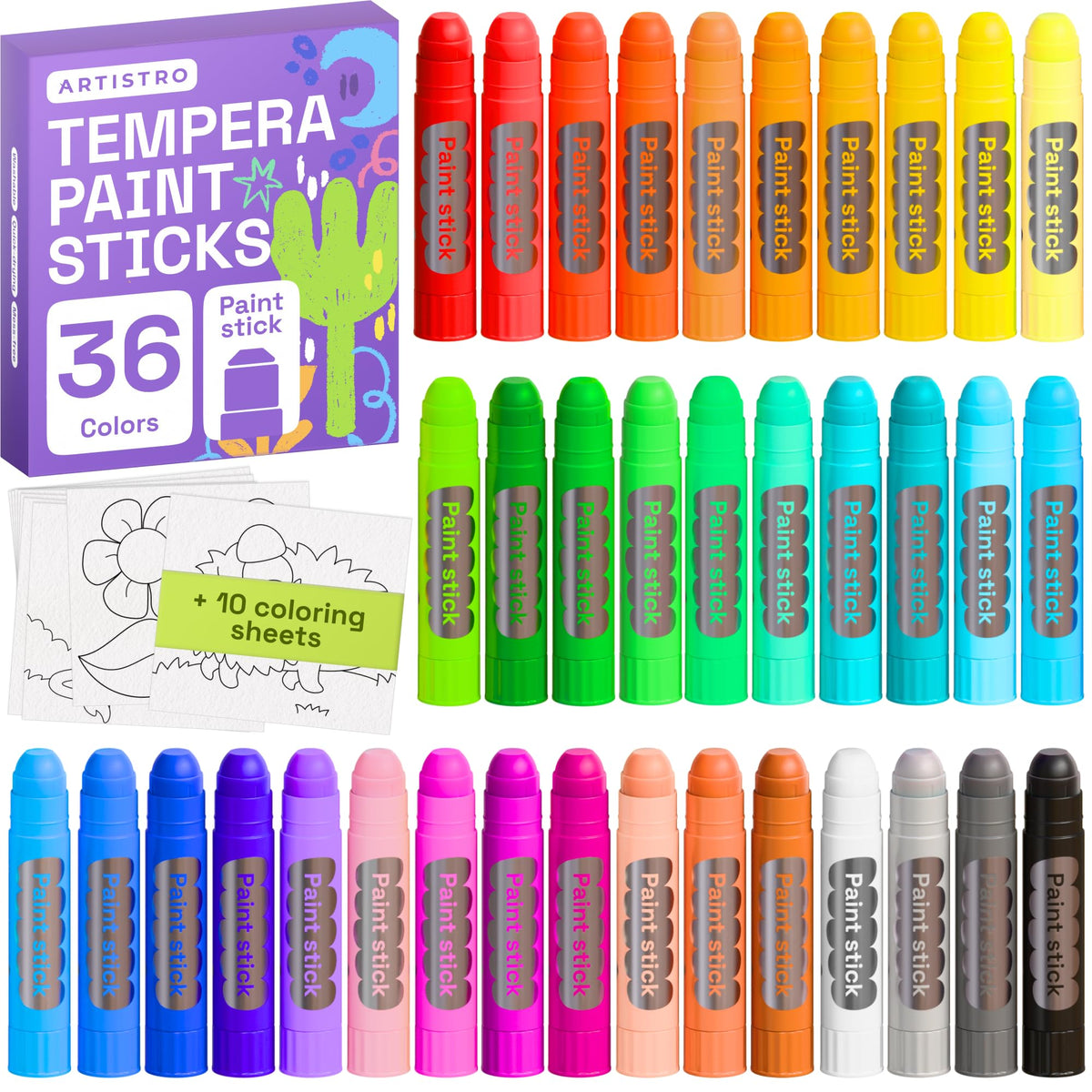 ARTISTRO tempera paint sticks twist design for easy, mess-free coloring for kids.