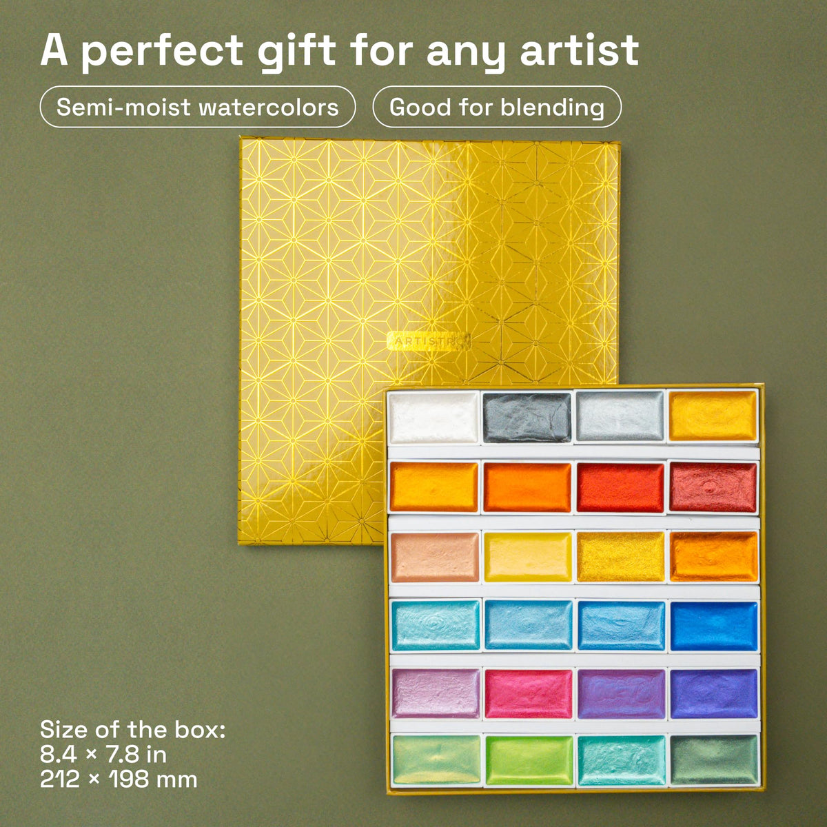 ARTISTRO watercolor set open box reveals 24 XL pans for quick studio-ready color access.