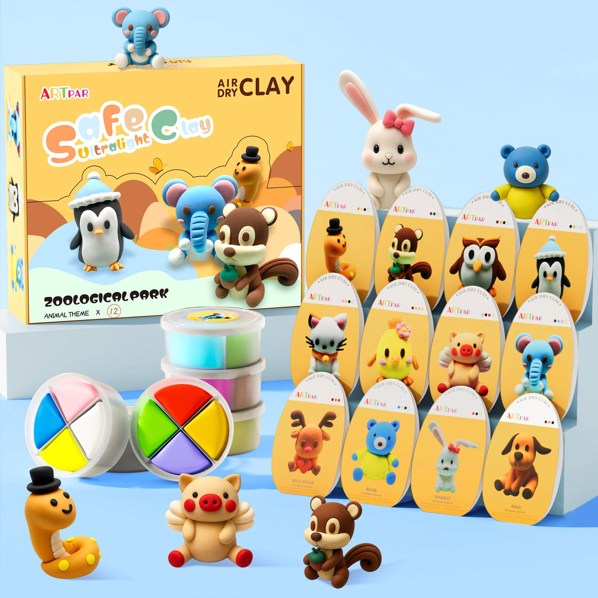 ARTPAR air dry clay kit with 12-animal-tins promotes imaginative play.