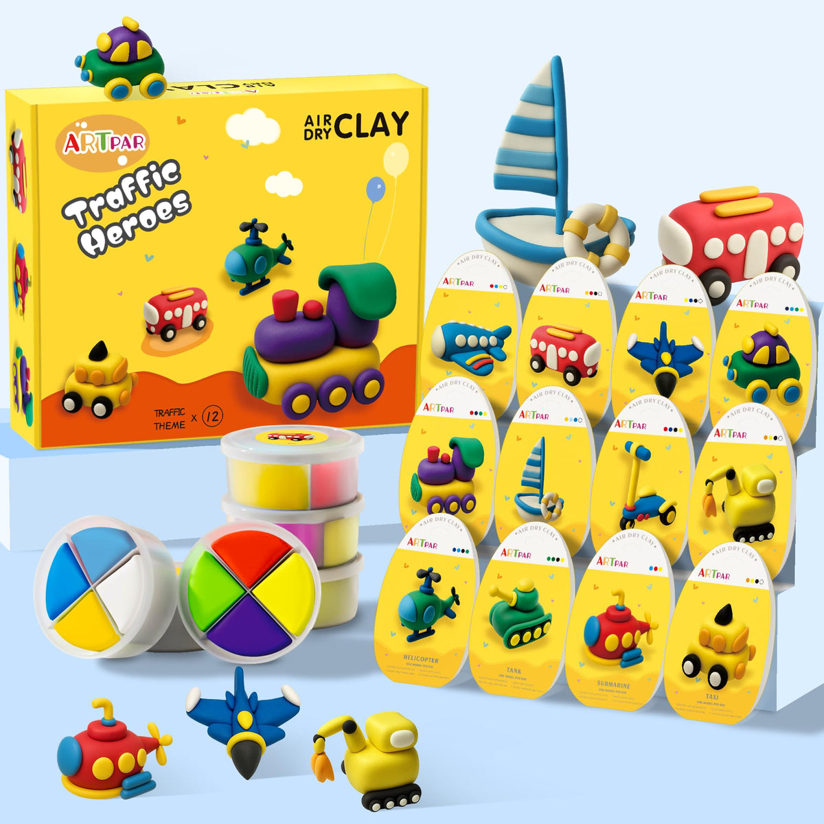 ARTPAR Kids air dry clay kit showing traffic modeling setup for creative play.