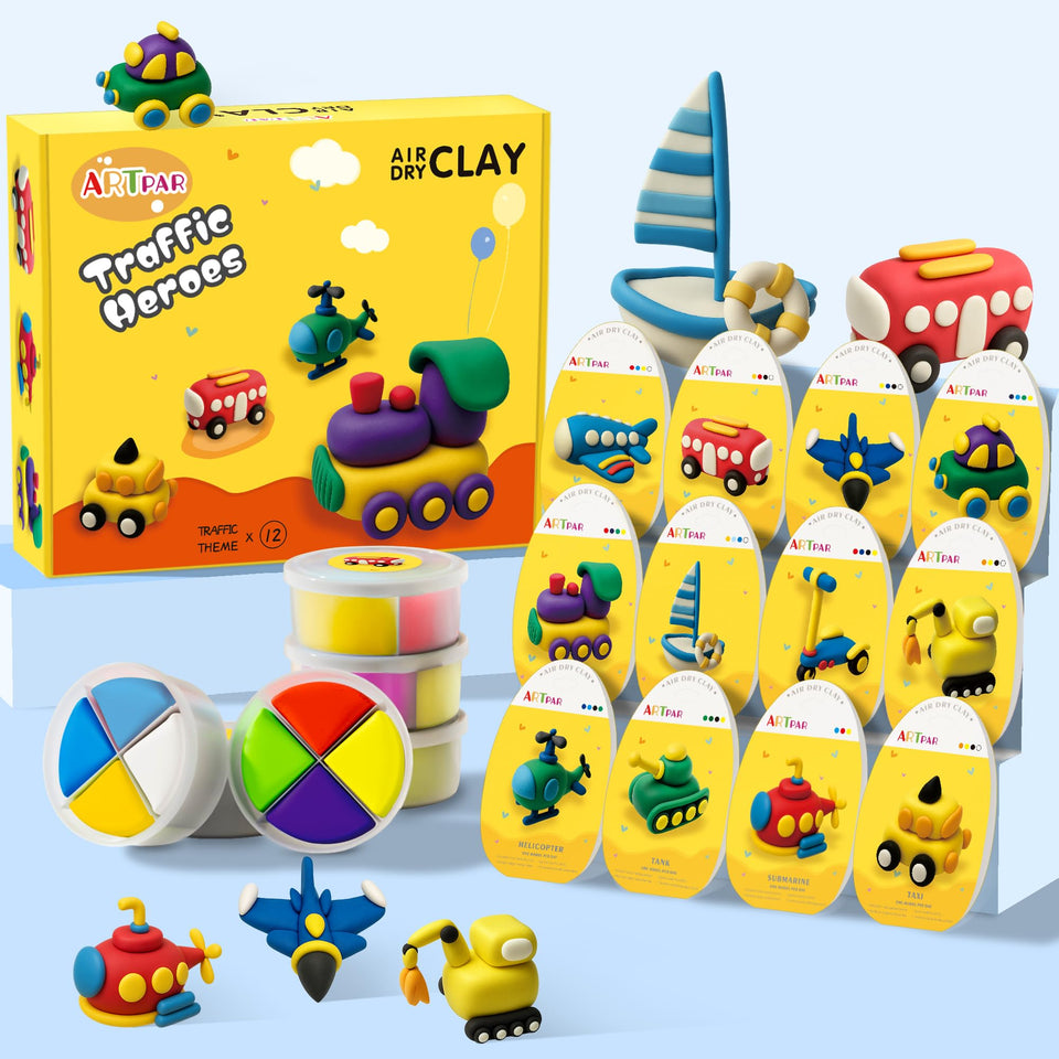ARTPAR Kids air dry clay kit showing traffic modeling setup for creative play.