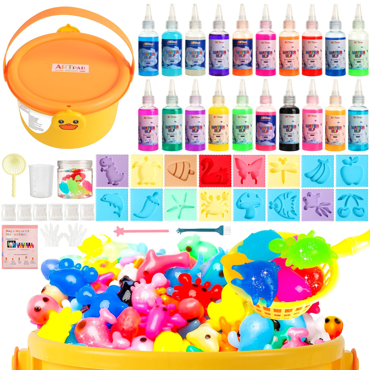 ARTPAR Magic Water Elf Toy Kit with 20 gels and 16 molds for creative water pets.