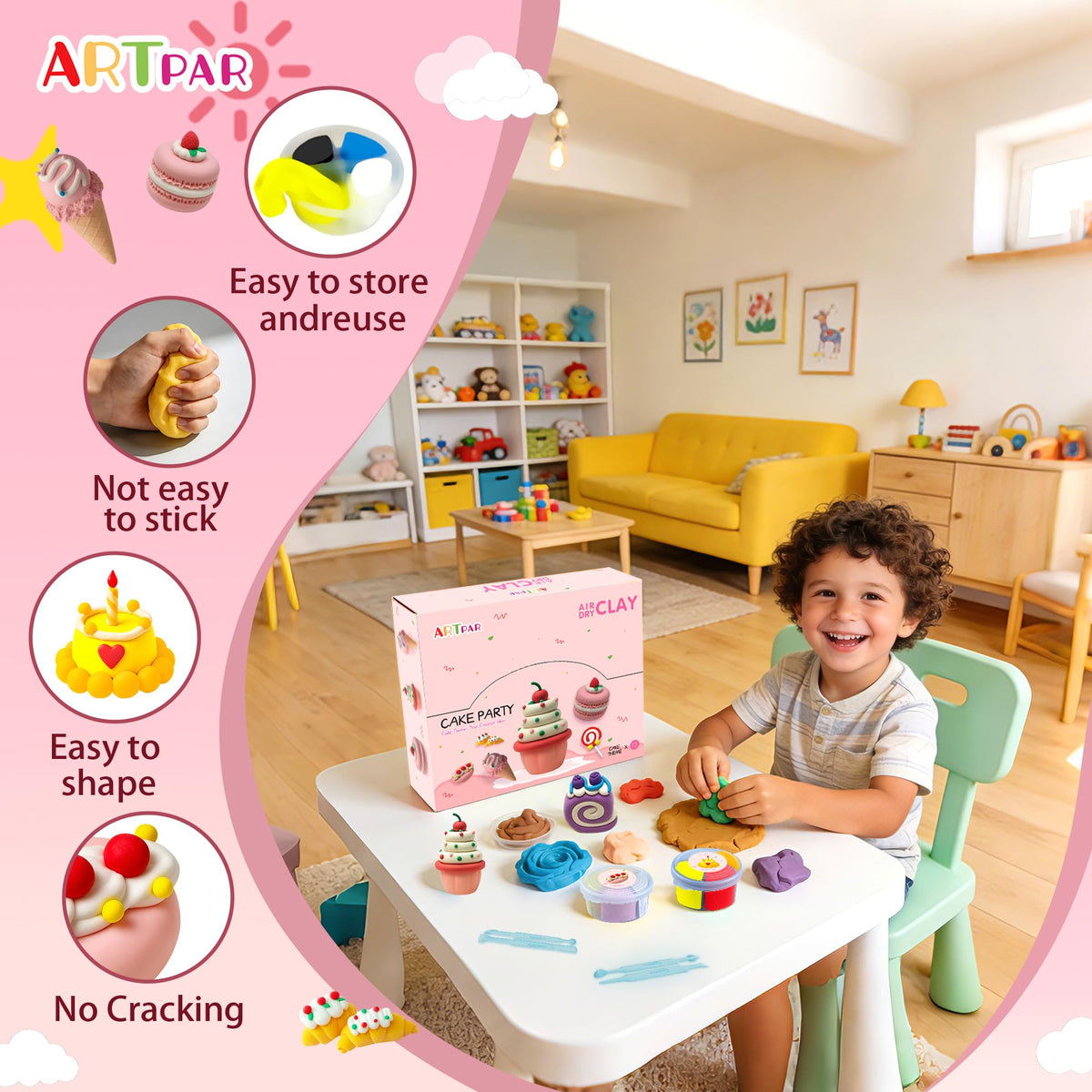 ARTPAR soft, low-stick clay easy for little hands to shape.