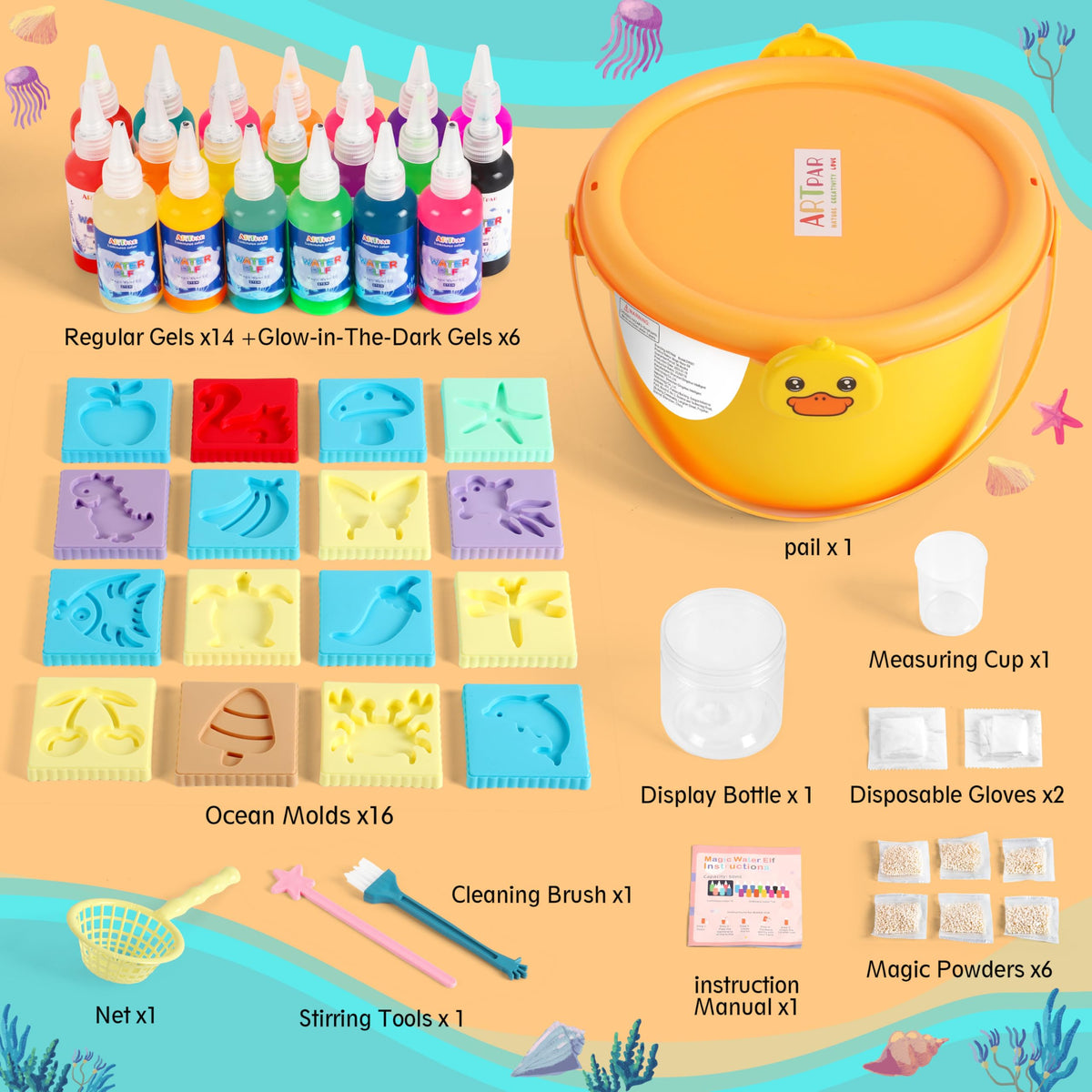 ARTPAR Water Pet molds and display bottle promote organized, show-ready craft creations.
