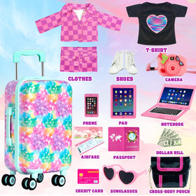 ARTST 18-inch doll clothes set with pink beret and coat for stylish adventures.