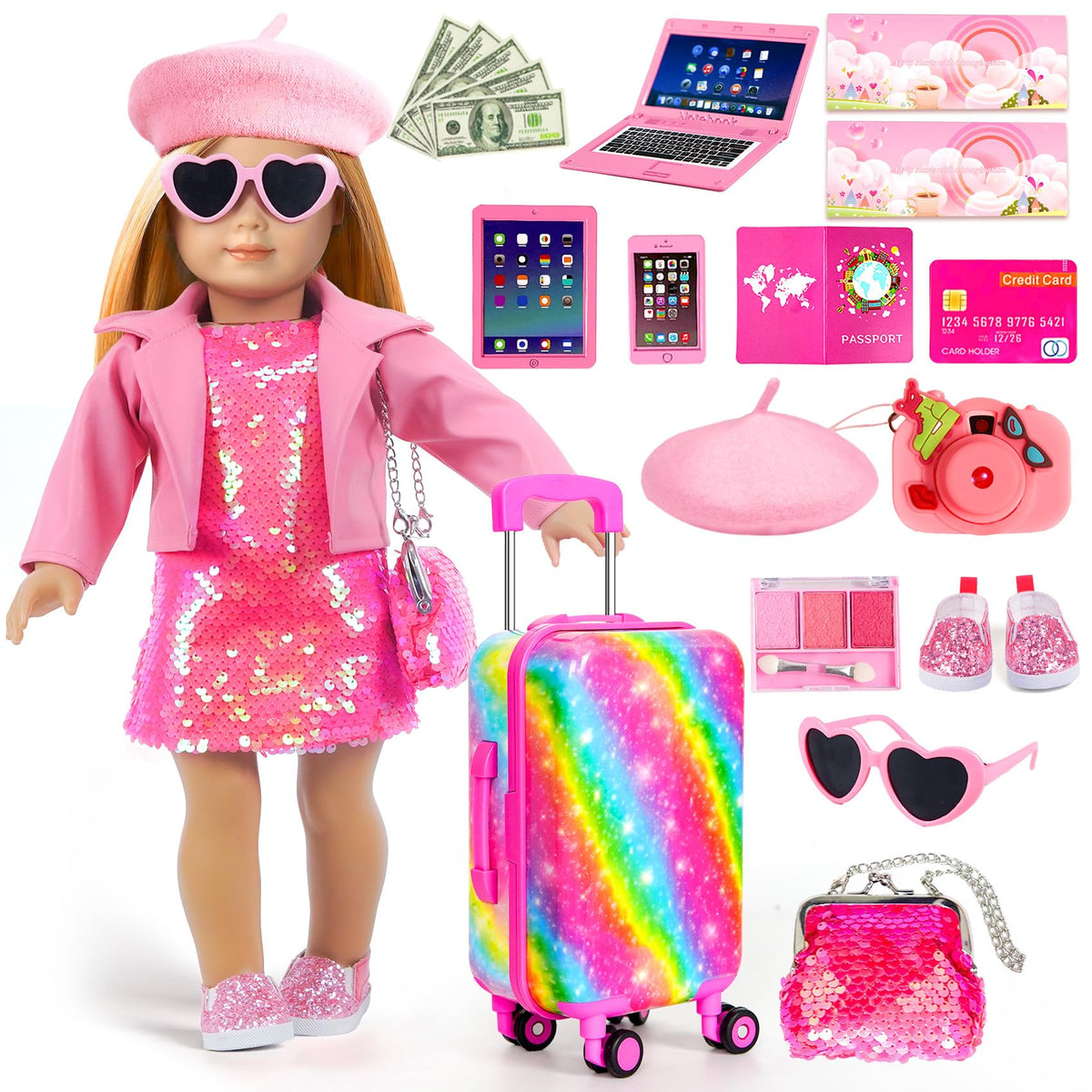 ARTST doll travel suitcase open showing accessories for imaginative play and organization