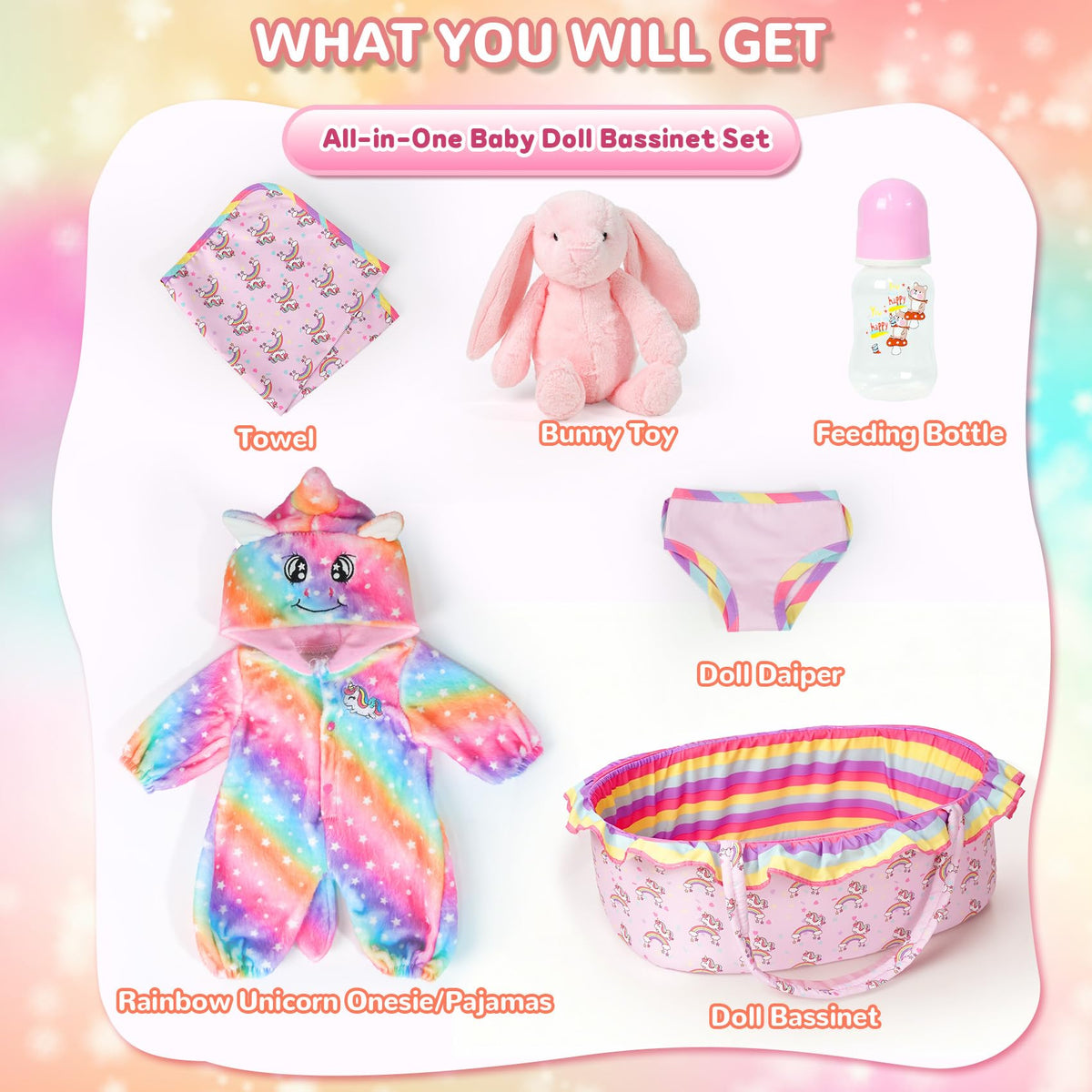 ARTST Rainbow unicorn onesie enhances dressing-up fun for dolls.