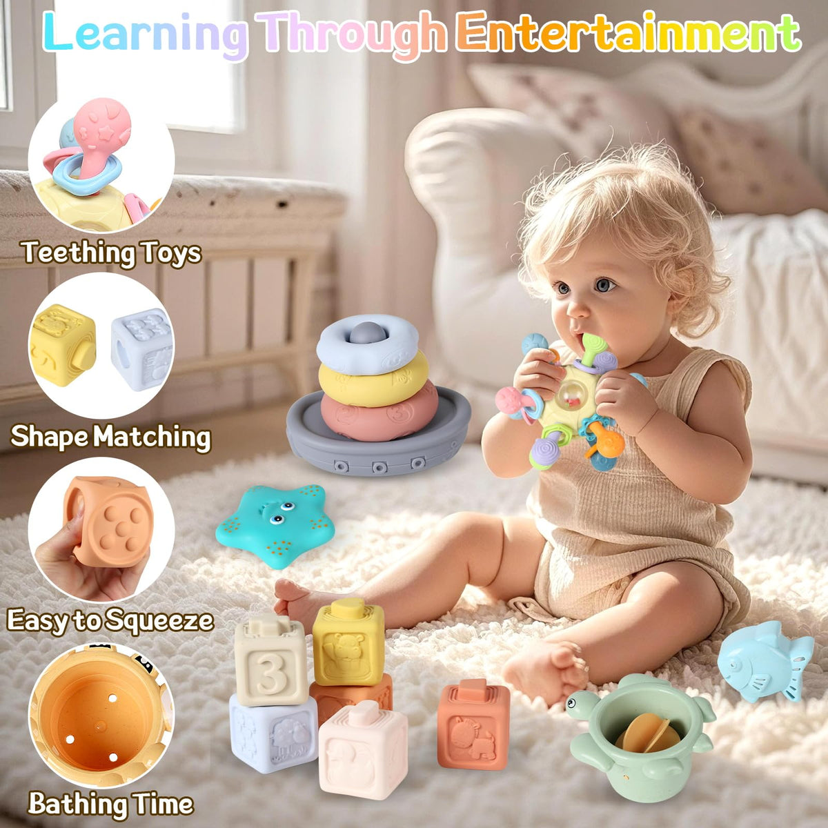 Aruemp stacking cups and rings for versatile stacking play