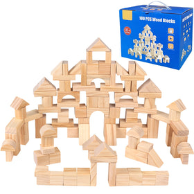 AryiHitt 100-piece natural wood blocks for toddlers, ideal for open-ended construction play.