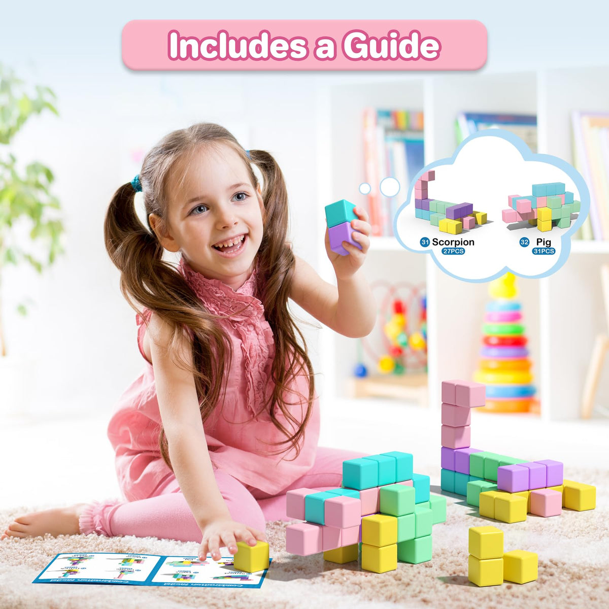 Asago magnetic blocks include an idea booklet to spark creativity during play.