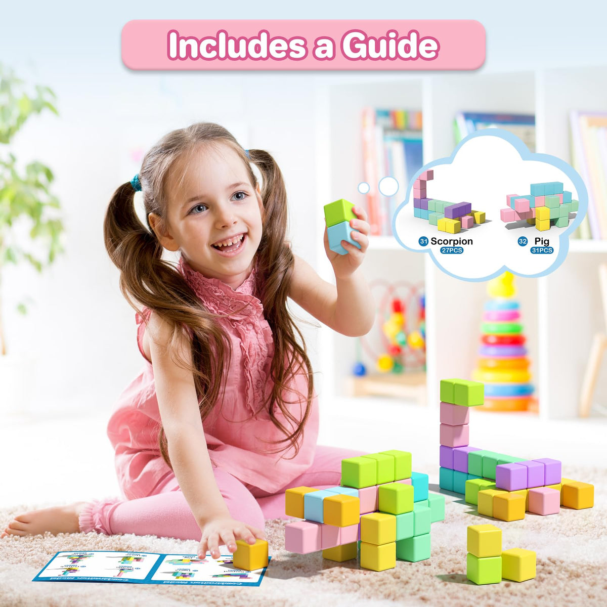 Asago magnetic blocks shown with idea booklet for quick inspiration.