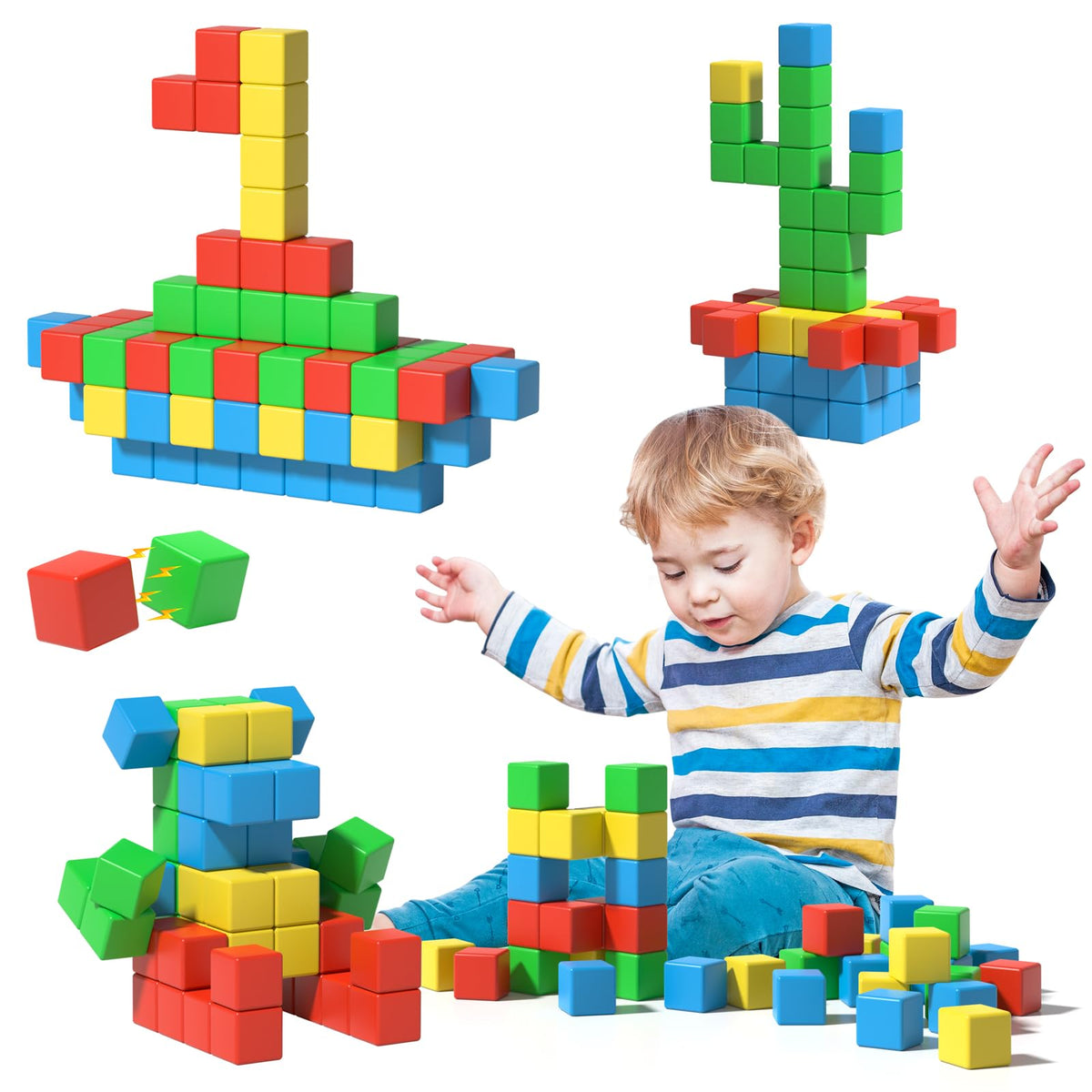 Asago magnetic blocks large 56-piece cubes being assembled to form a stable 3D structure.
