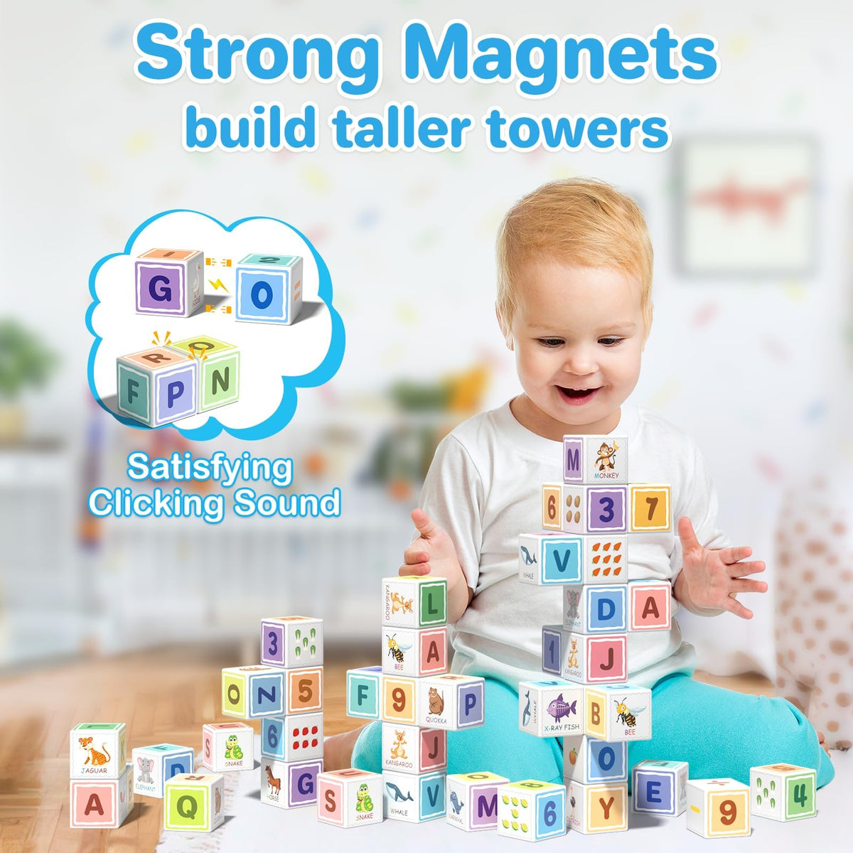 Asago magnetic blocks teach ABCs and 123s through hands-on building.
