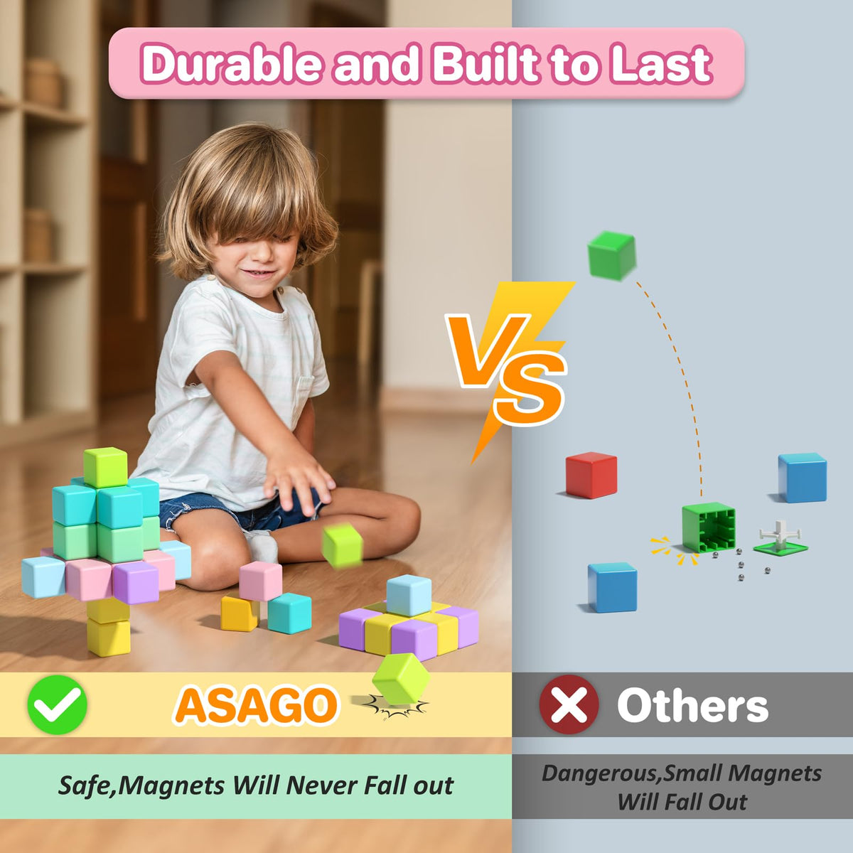 Asago magnetic blocks in macaron colors for colorful tactile play.
