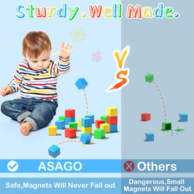 Asago magnetic blocks help a child build a tall, multi-layer tower with magnetic stability.