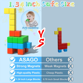 Asago magnetic blocks tower-building play showing 3D construction and balance.