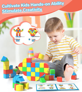 Children stacking a tower with Asago blocks to develop hand-eye coordination.