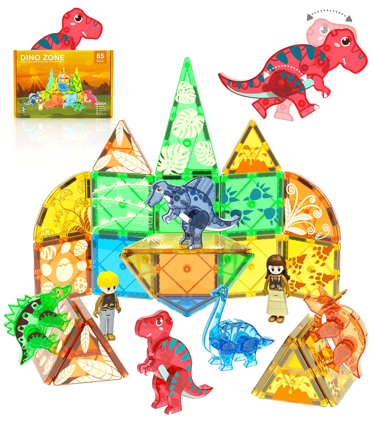 Asago magnetic tiles show 3D dinosaurs for immersive play and storytelling