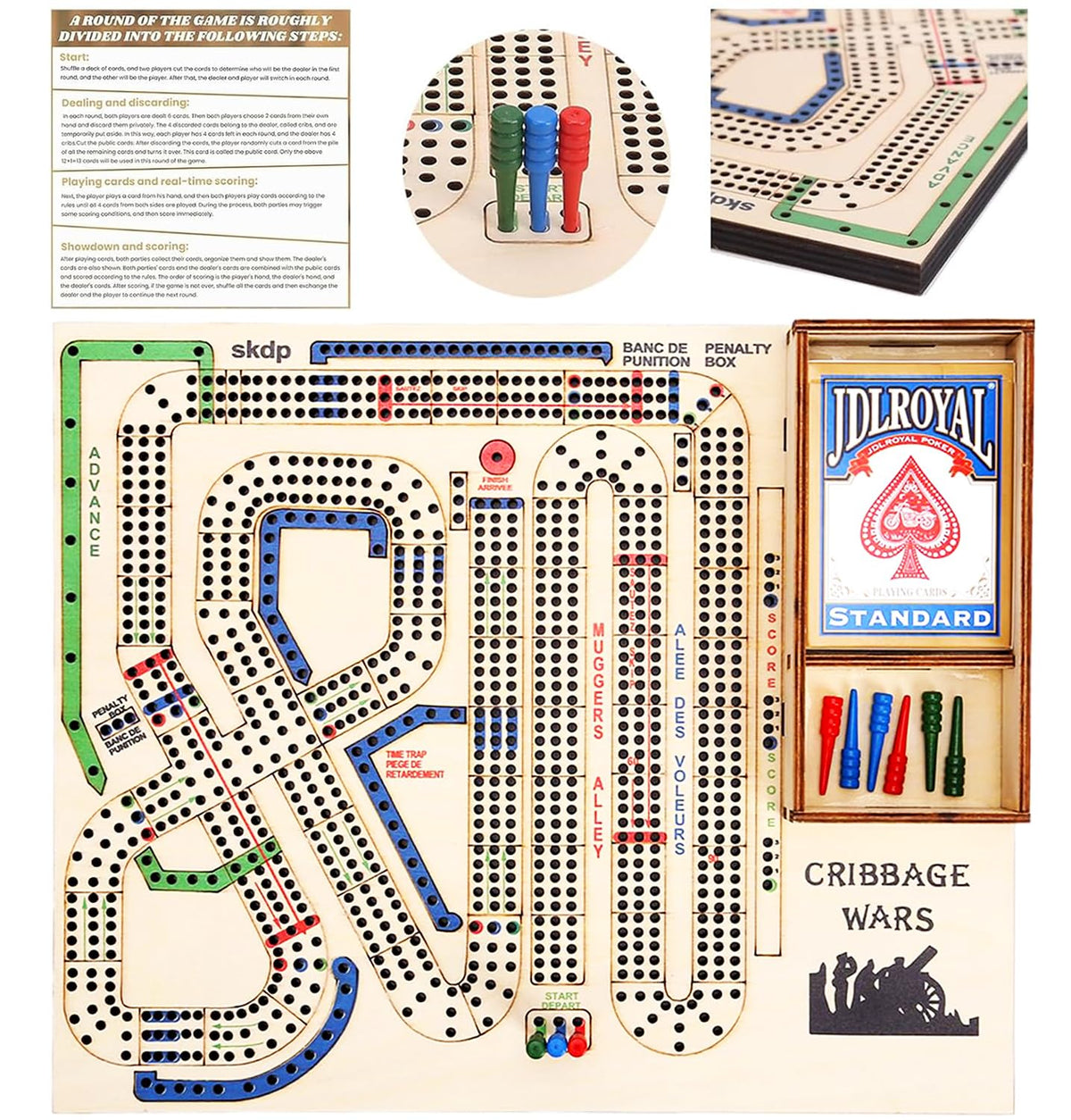 Asaint Cribbage Wars board top view showcases durable wood and elegant design for family game nights.