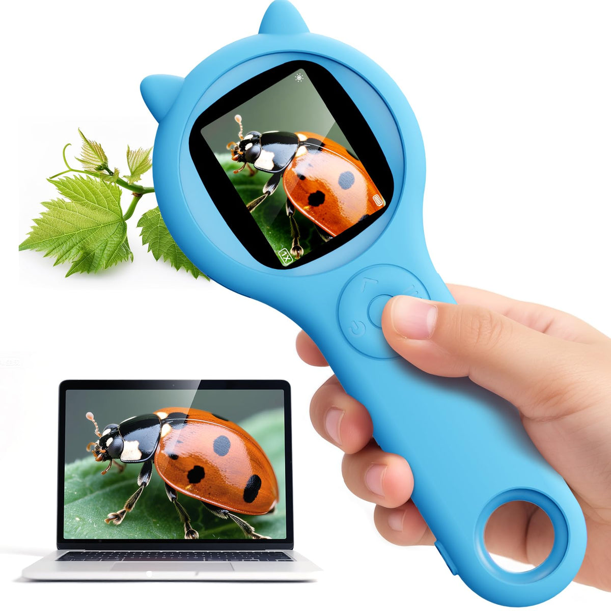 Ashfly kids mini LED pocket microscope with 2-inch IPS display for vivid detail exploration.