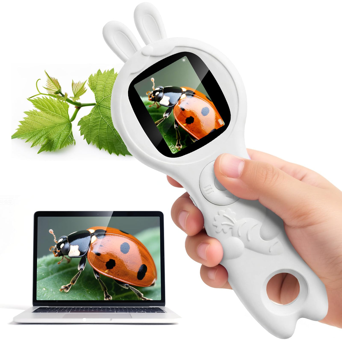 Ashfly White Rabbit Magnifier front view, kid-friendly design for curious exploration.
