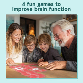 ASM GAMES 4-in-1 brain games pack opened, ready for family play.