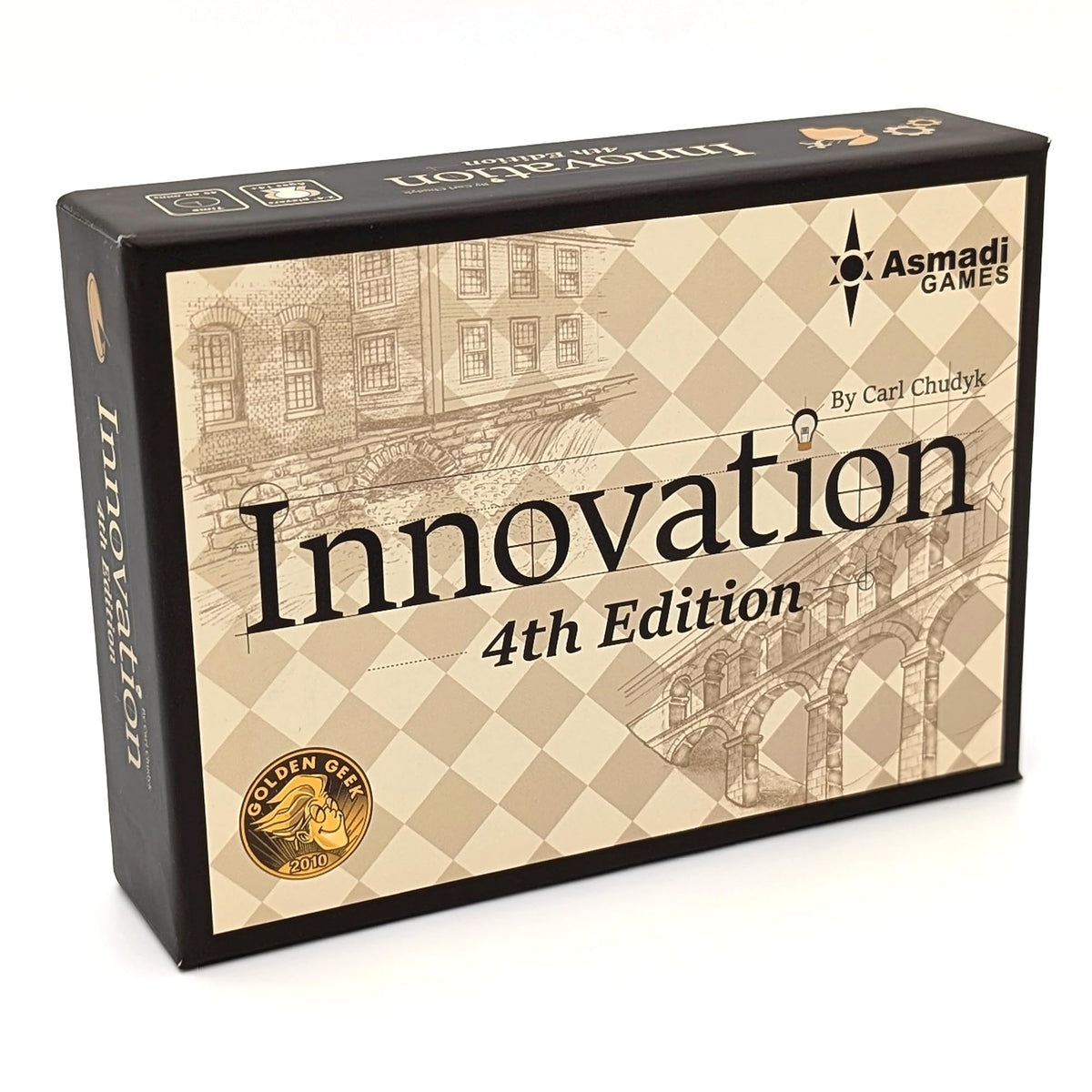 Asmadi Games Innovation 4th Edition cover with vibrant historical cards for tabletop strategy.