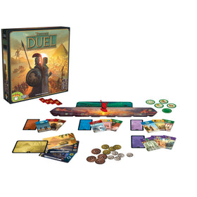 Asmodee 7 Wonders Duel cards and wonders illustrate strategic choices for science, military, and prestige.