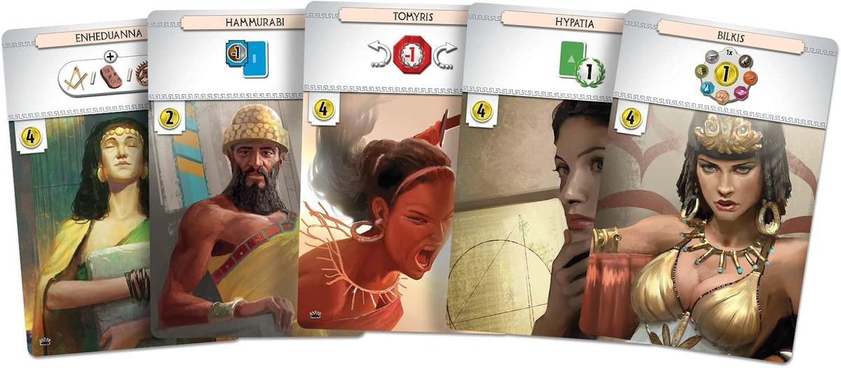Asmodee 7 Wonders Leaders leader cards feature queens, scientists, philosophers, and generals.
