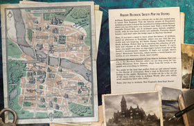Asmodee Arkham Core Rulebook spread featuring maps and character options