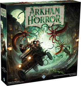 Asmodee Arkham Horror Third Edition box art evokes cosmic mystery for cooperative play.