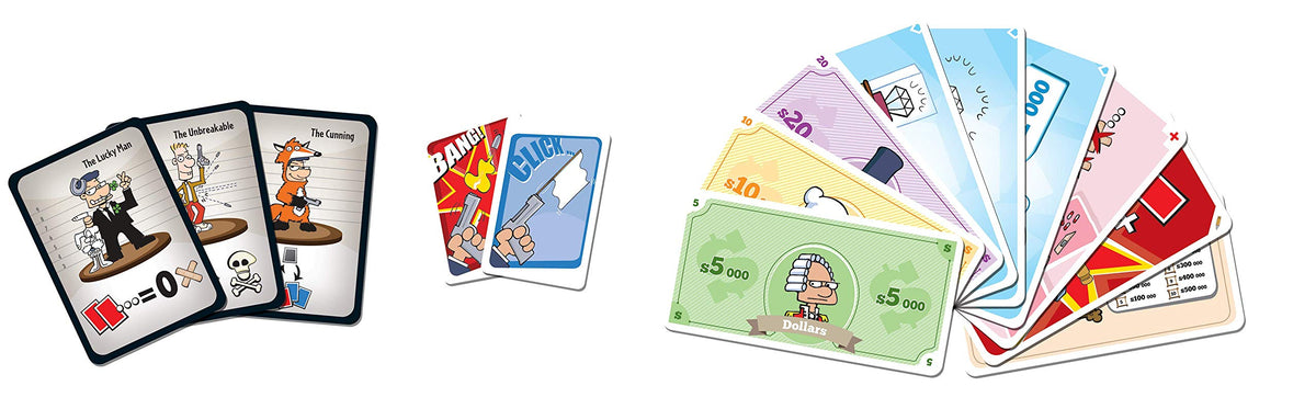 Asmodee Cash N Guns 2nd Edition artwork showcasing vibrant cartoon-style visuals.