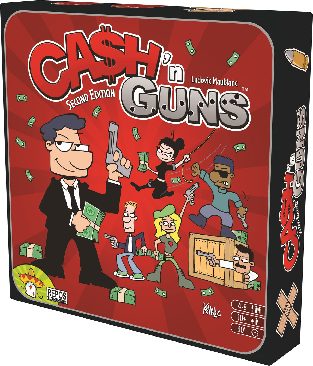 Asmodee Cash N Guns 2nd Edition foam pistols in action for bluffing and intimidation.