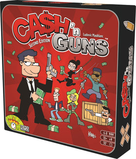 Asmodee Cash N Guns 2nd Edition foam pistols in action for bluffing and intimidation.