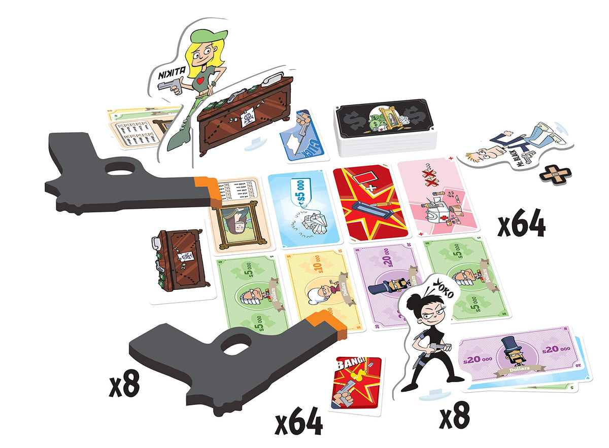Asmodee Cash N Guns loot cards spread on the table for strategic grabs.