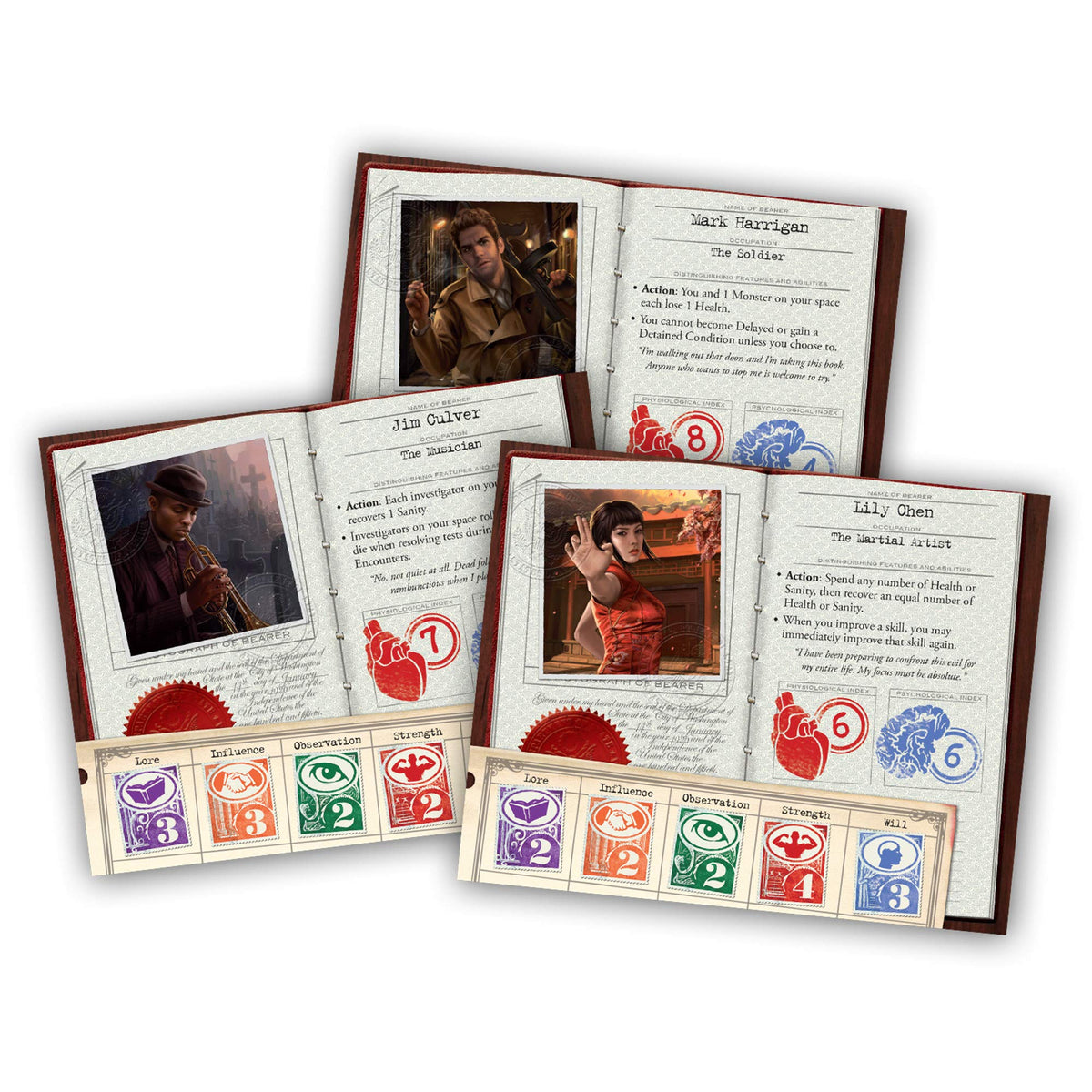 Asmodee Eldritch Horror investigator cards with unique abilities