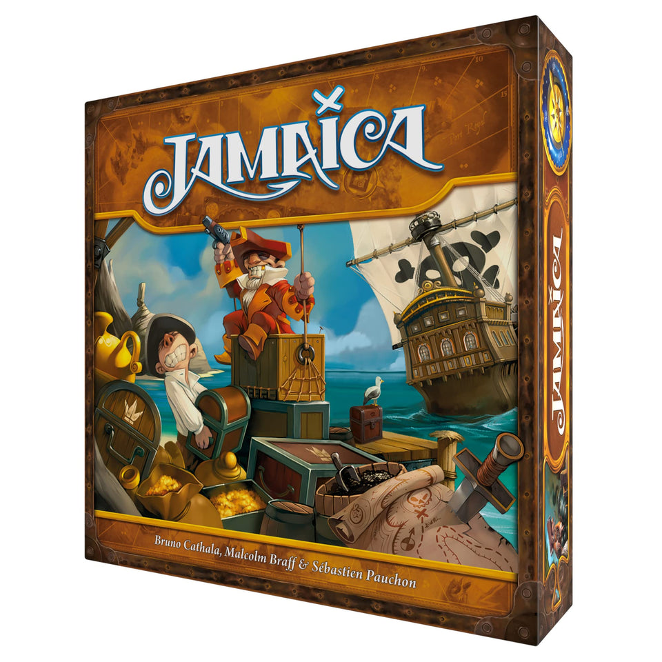 Asmodee Jamaica board game box cover with vibrant pirate art, ideal for family game nights.