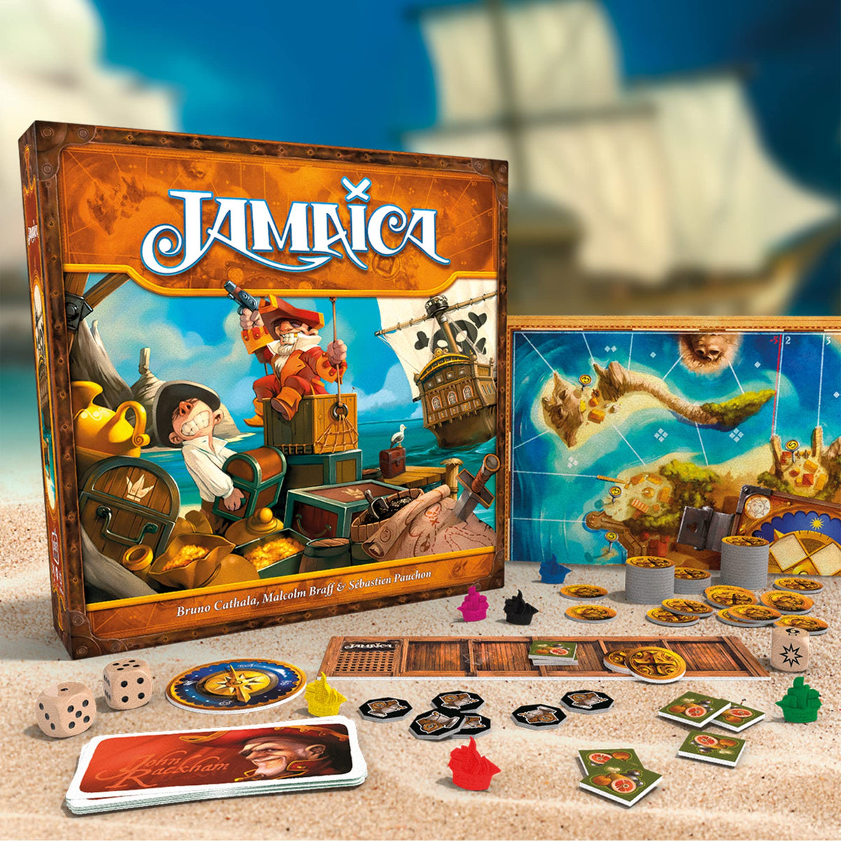 Asmodee Jamaica board game map and treasure visuals, inviting strategic race planning.
