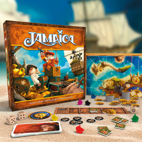 Asmodee Jamaica board game map and treasure visuals, inviting strategic race planning.