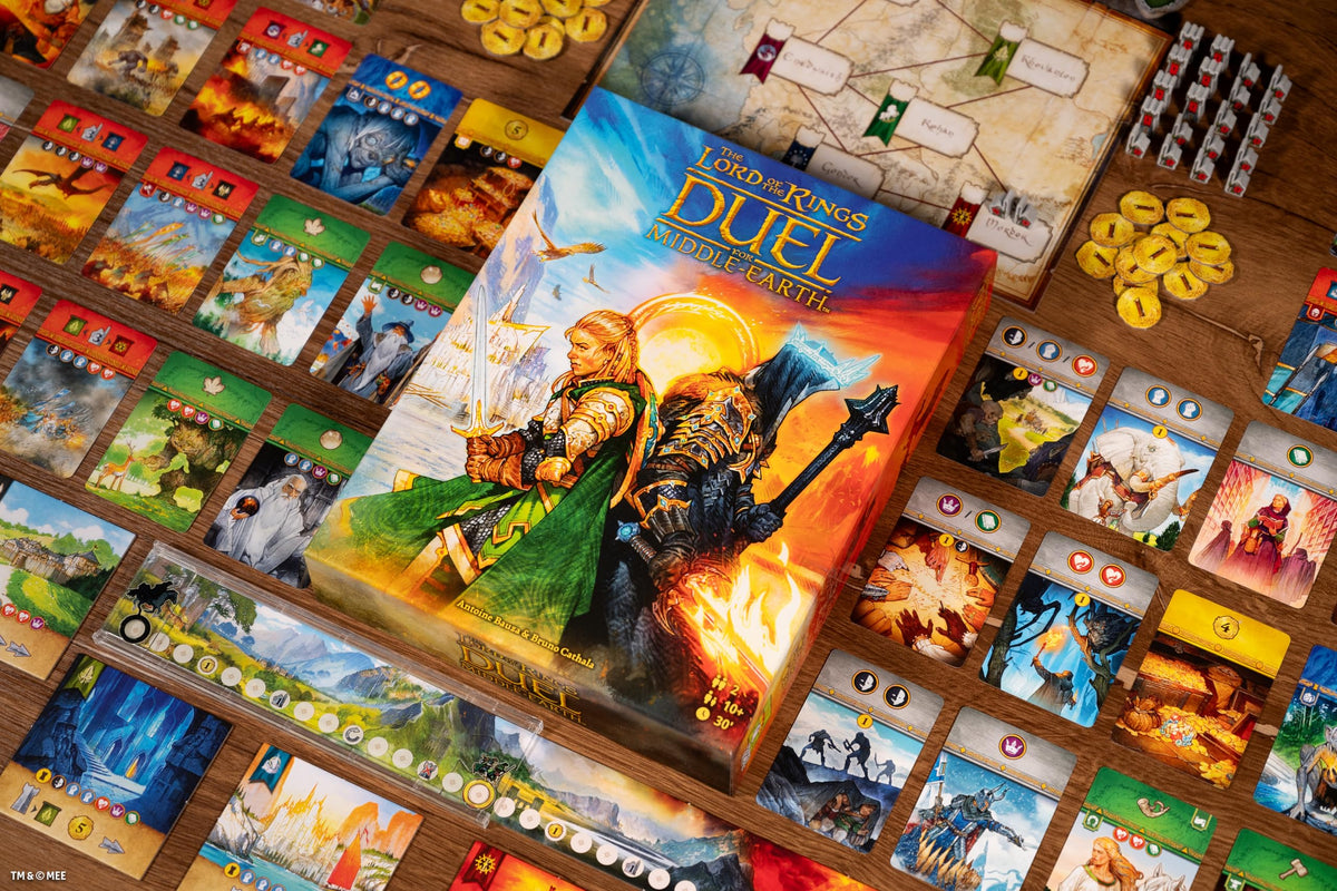 Asmodee The Lord of the Rings: Duel for Middle-earth cards and High Places illustrate strategic options.