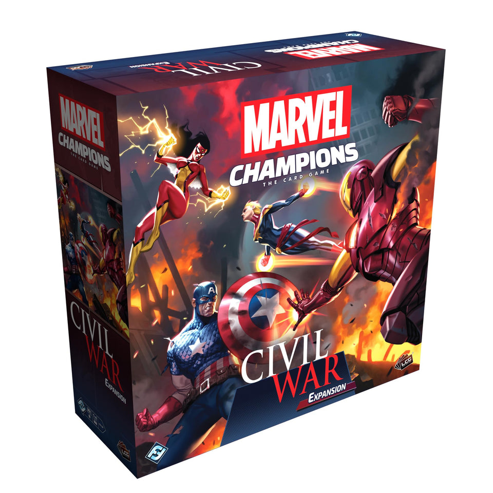 Asmodee Marvel Champions Civil War expansion leaders Iron Man and Captain America on the table for epic battles.