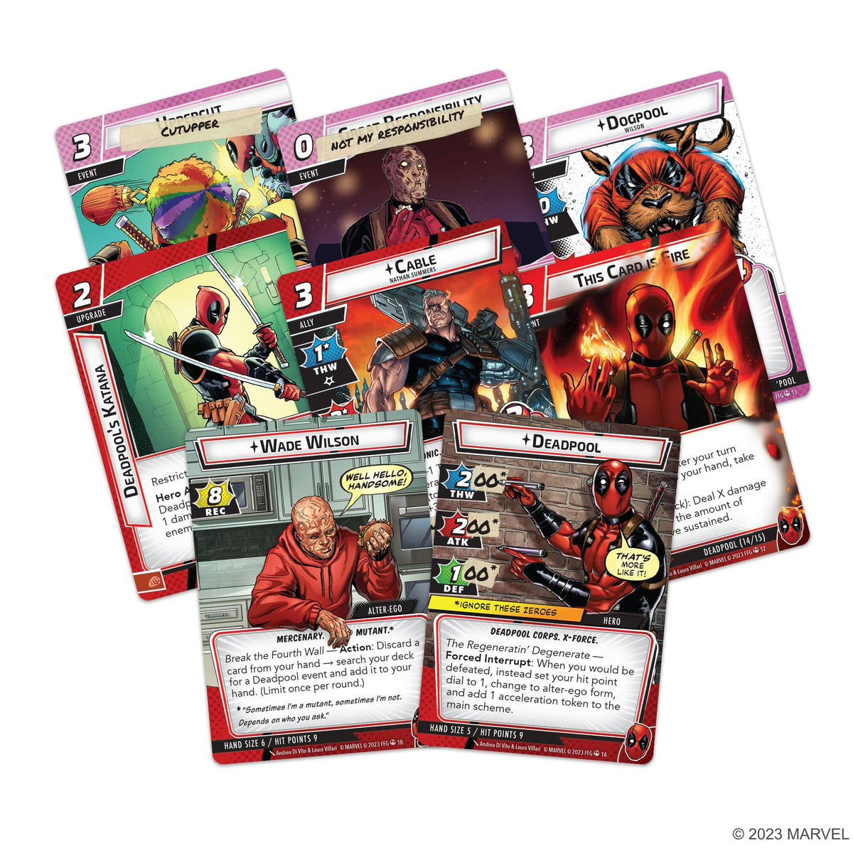Asmodee Marvel Champions Deadpool Expanded Hero Pack components spread with signature cards for unique strategies.